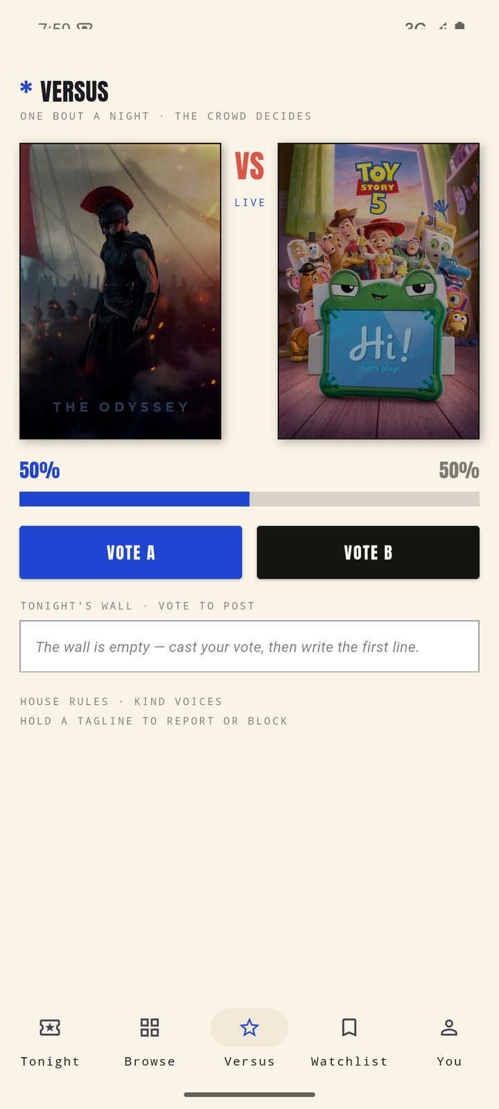 Tonight's versus bout — two films, live vote split